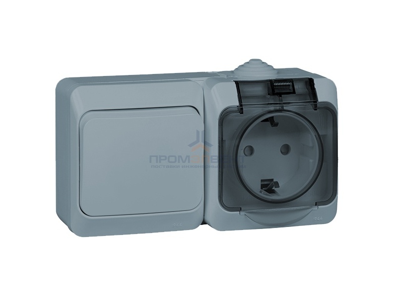 Блок выключатель одноклавишный + розетка с/з Этюд IP44 серый [уп 7шт]